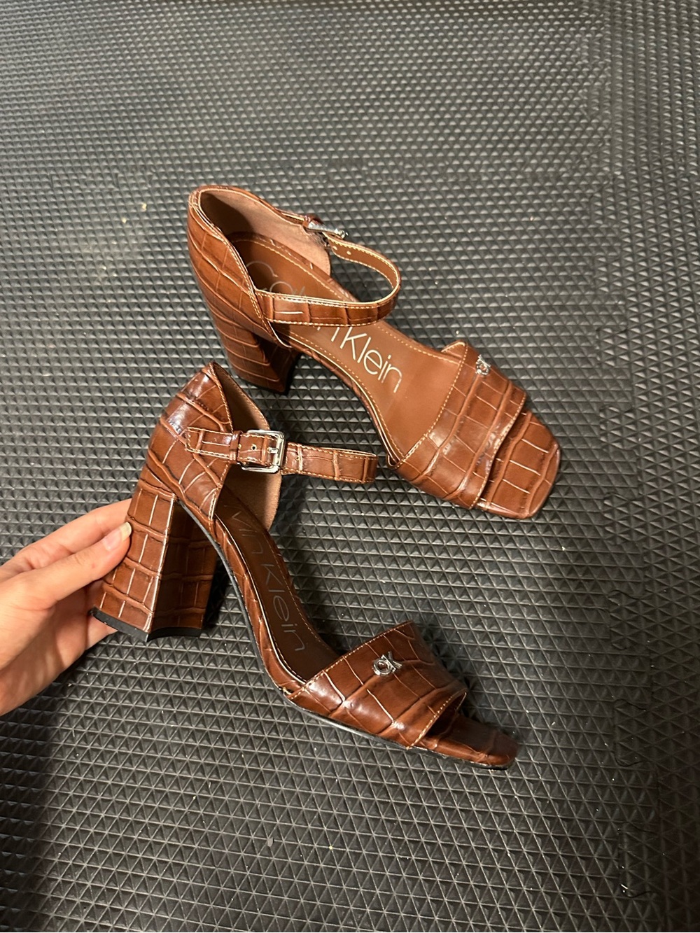 Calvin Klein Brown Croc-Embossed Block Heel Sandals with Ankle Strap